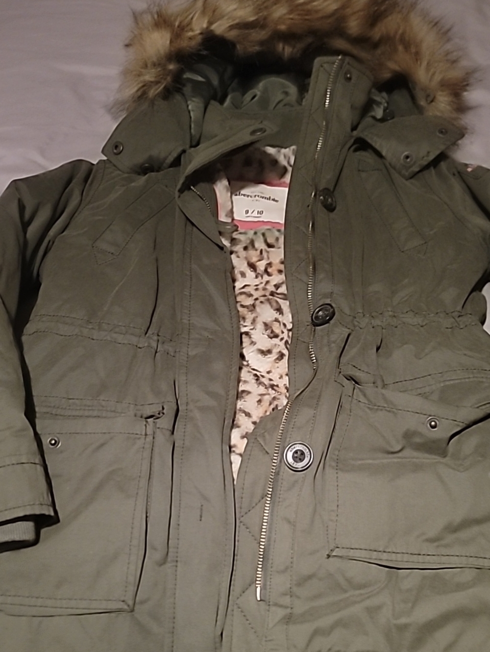 Abercrombie & Fitch Kids Olive Green Puffer Coat with Faux Fur Trim